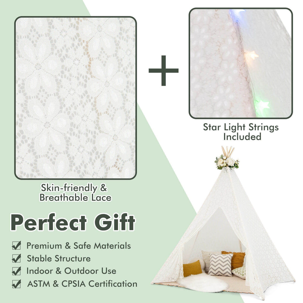 Lace Teepee Tent with Colorful Light Strings for Children