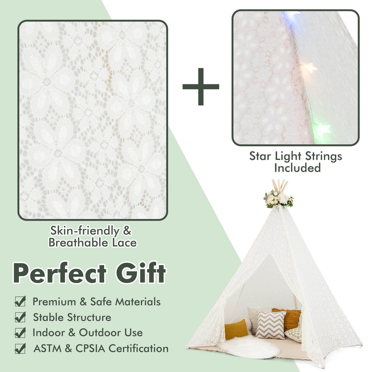 Lace Teepee Tent with Colorful Light Strings for Children