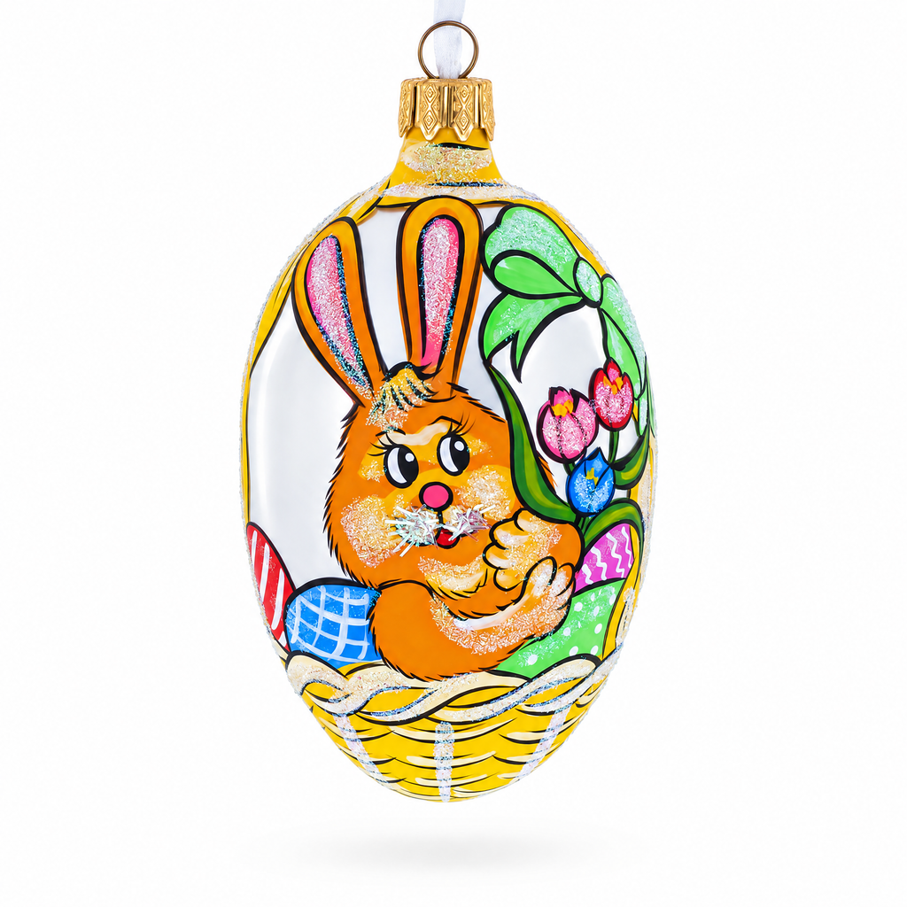 Easter Bunny in Flower Basket Glass Egg Ornament 4 Inches
