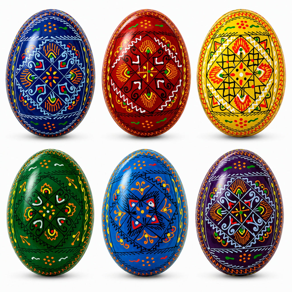 Set of 6 Traditional Ukrainian Pysanky Wooden Easter Eggs 2.5 Inches