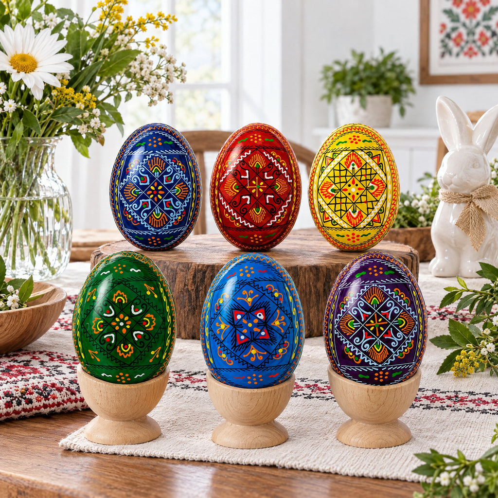 Set of 6 Traditional Ukrainian Pysanky Wooden Easter Eggs 2.5 Inches