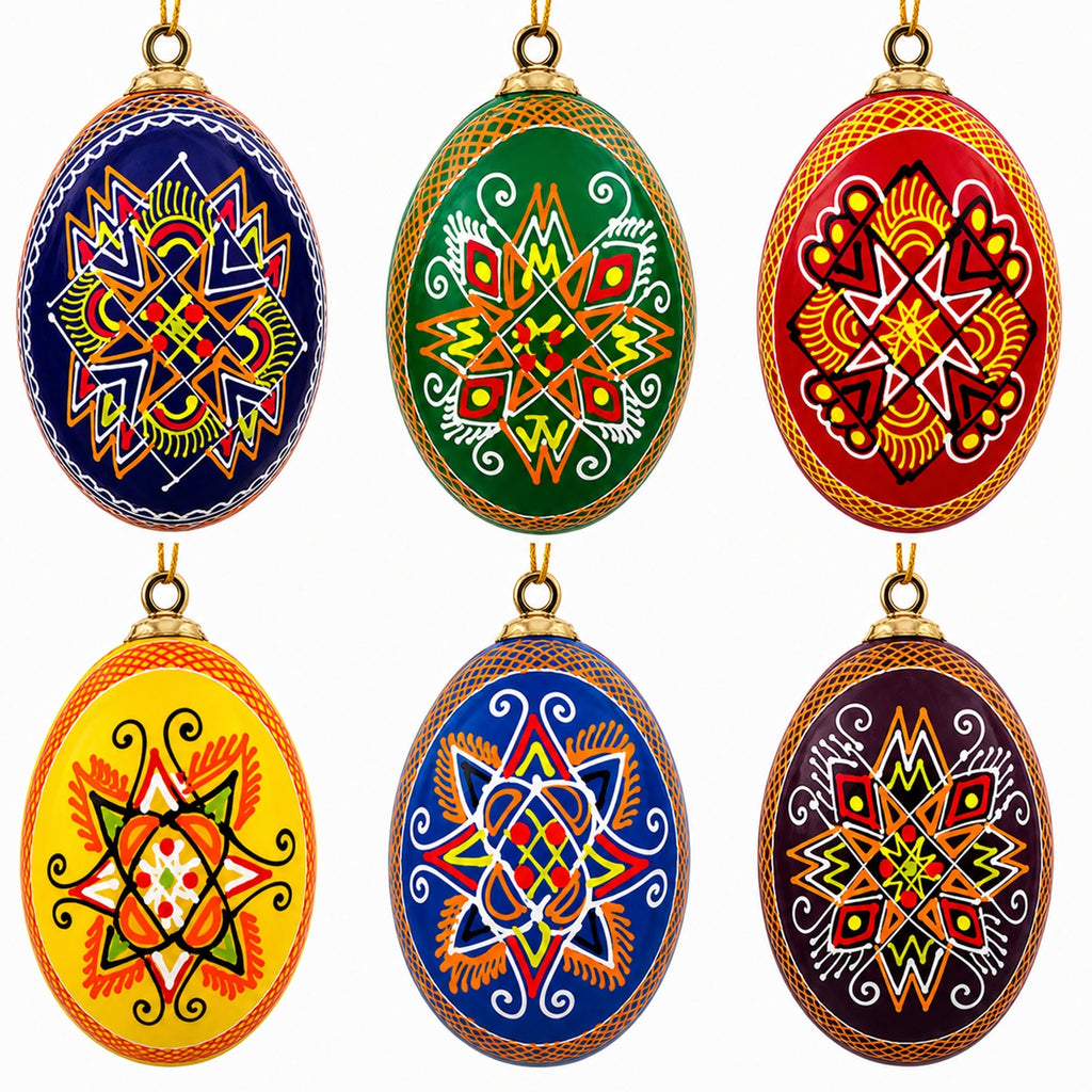 Set of 6 Hand Painted Wooden Ukrainian Easter Egg Ornaments 2.5 Inches