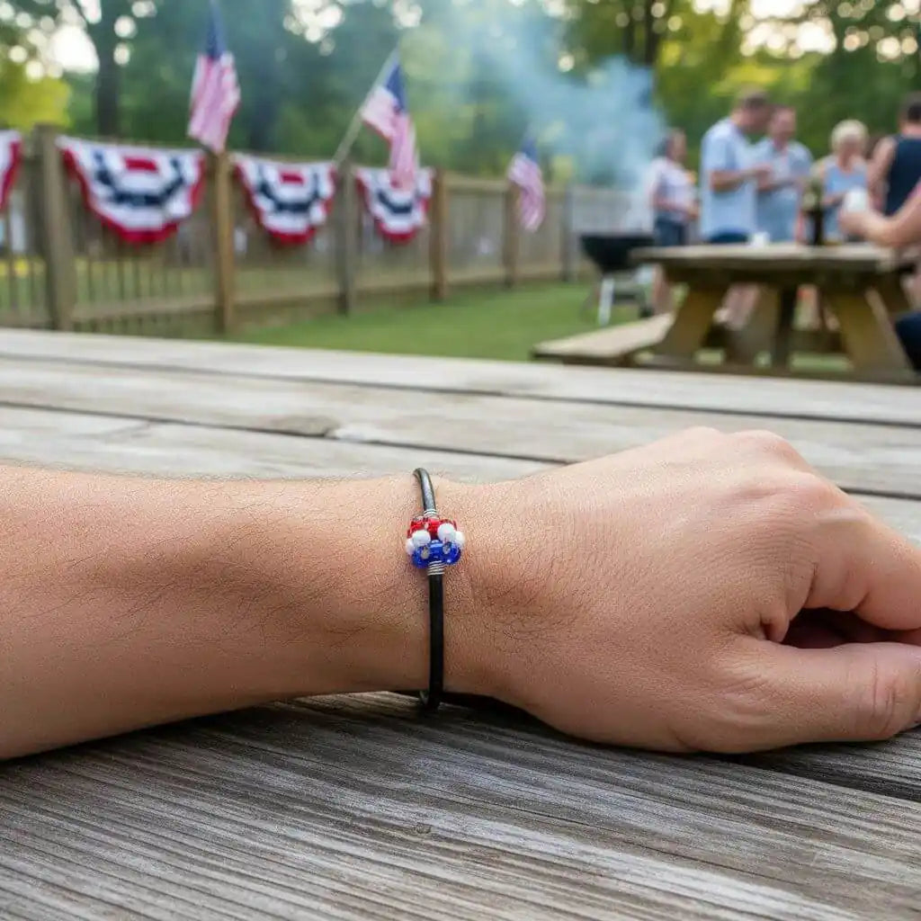 Patriotic Red White Blue Beaded Bead Leather Bracelet
