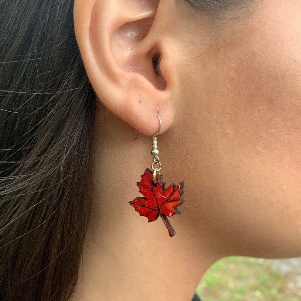 Maple Leaf Wooden Dangle Earrings | Nature Fall Jewelry