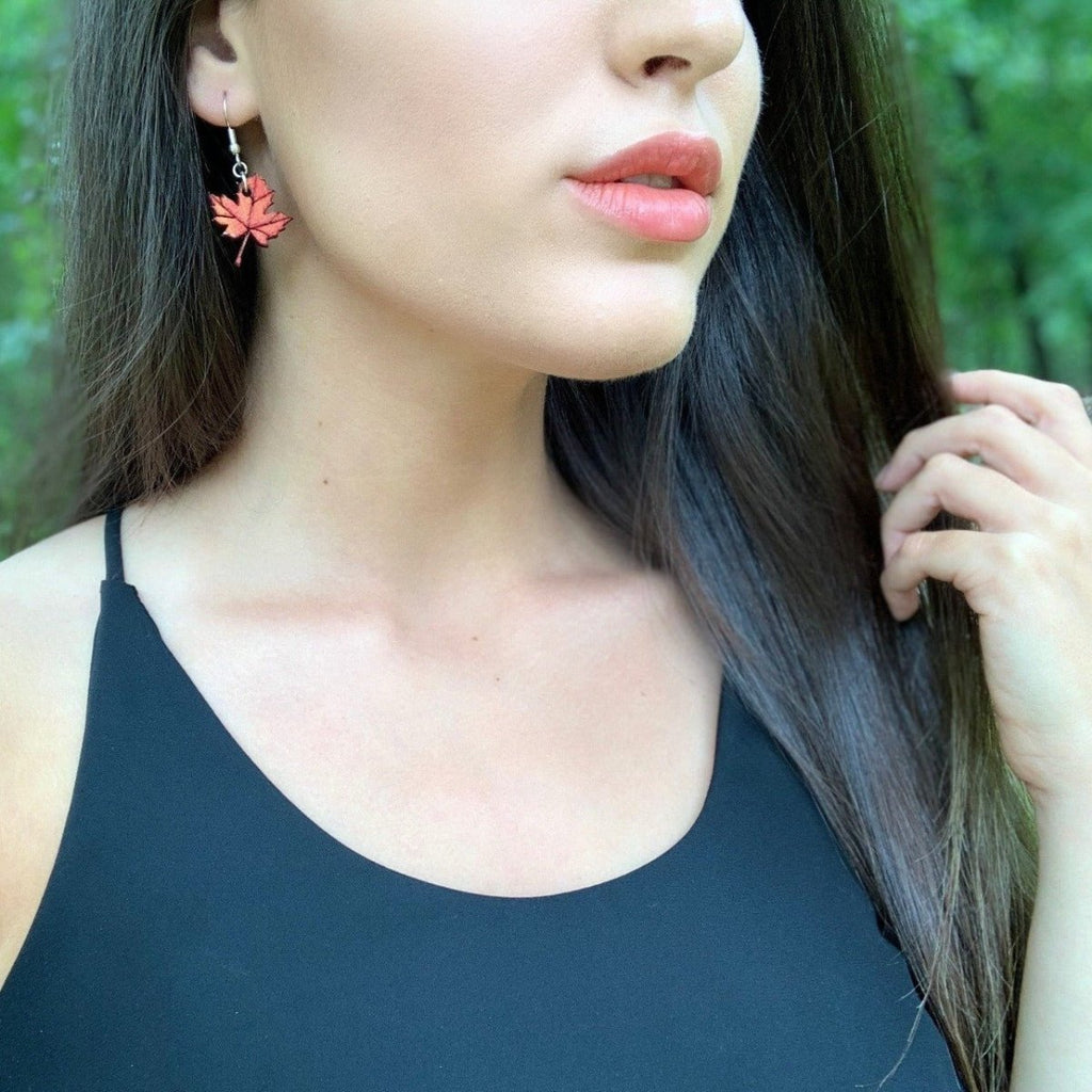 Maple Leaf Wooden Dangle Earrings | Nature Fall Jewelry