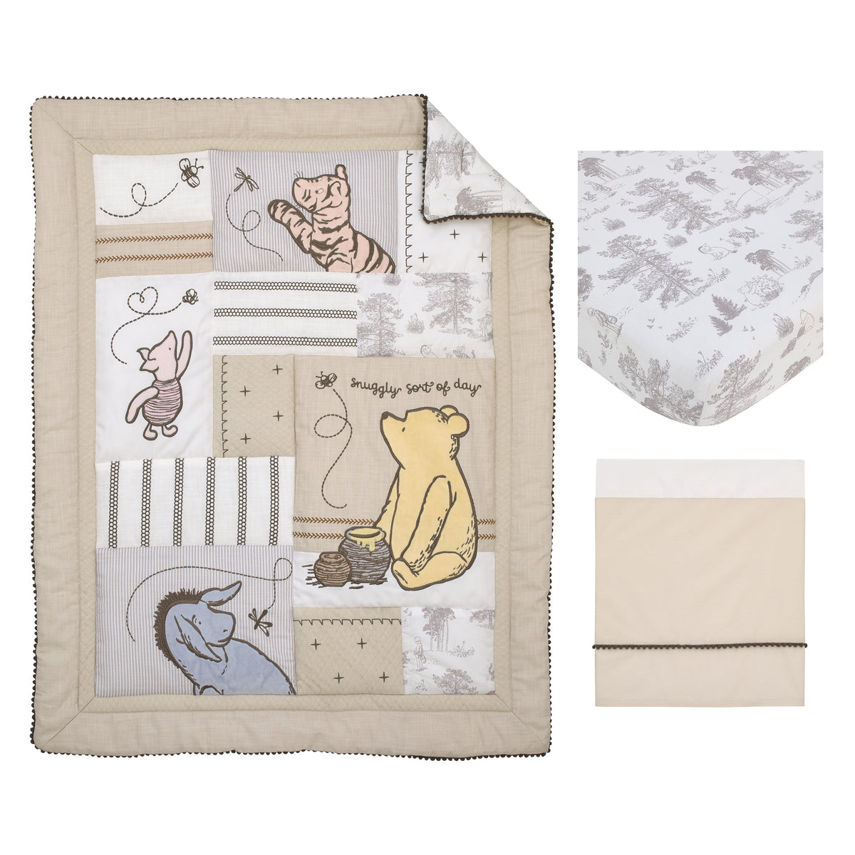 Disney Classic Pooh Hunny Fun with Piglet and Eeyore The Hundred Acre Woods Taupe 3 Piece Nursery Crib Bedding Set - Comforter, 100% Cotton Fitted Crib Sheet, and Crib Skirt