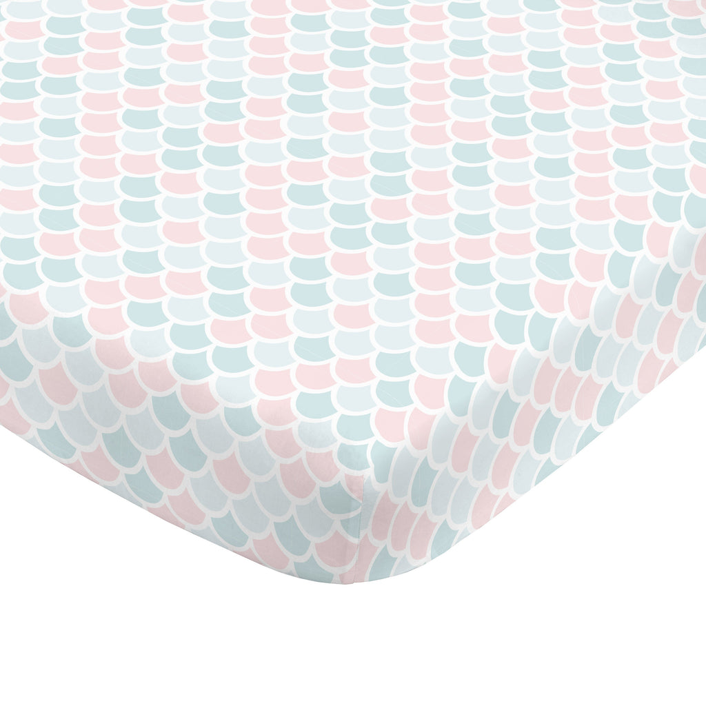 Sugar Reef Mermaid 4 Piece Nursery Crib Bedding Set - Appliqued Round Play Quilt, 100% Cotton Fitted Crib Sheet, Shirred Crib Skirt with 16" Drop, Nursery Organizer