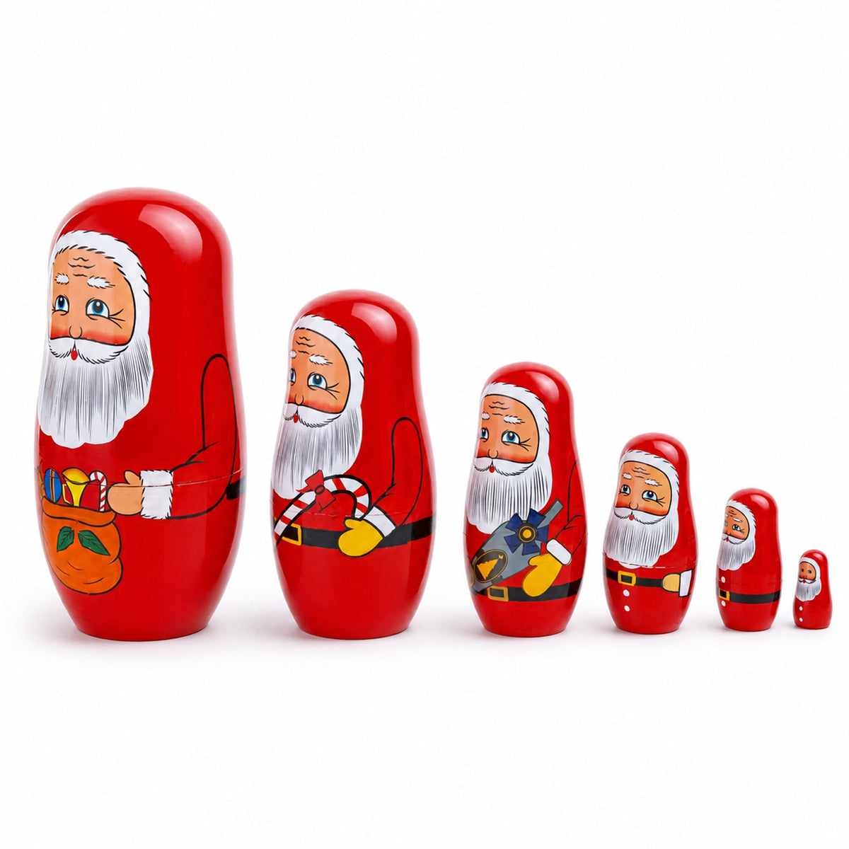 Set of 6 Santa with Christmas Gifts Wooden Nesting Dolls 5.5 Inches