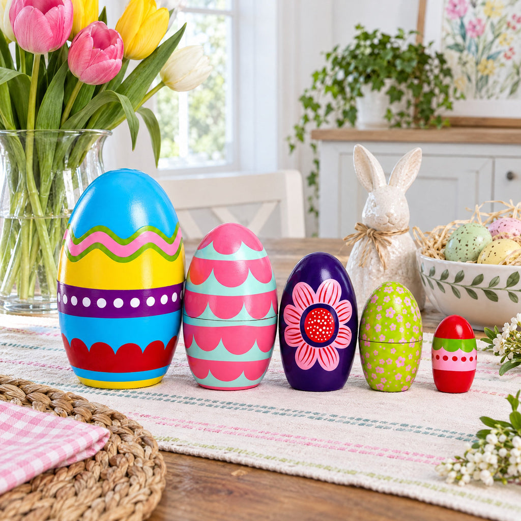 Set of 5 Colorful Easter Eggs Pysanky Wooden Nesting Dolls 5 Inches