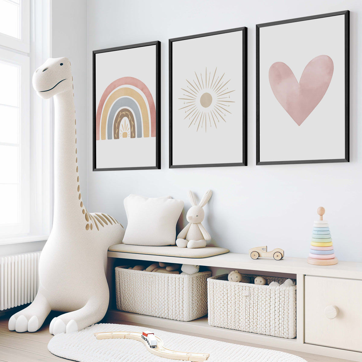 Neutral Nursery Wall Decor – Rainbow, Sun & Heart Print Set (3)