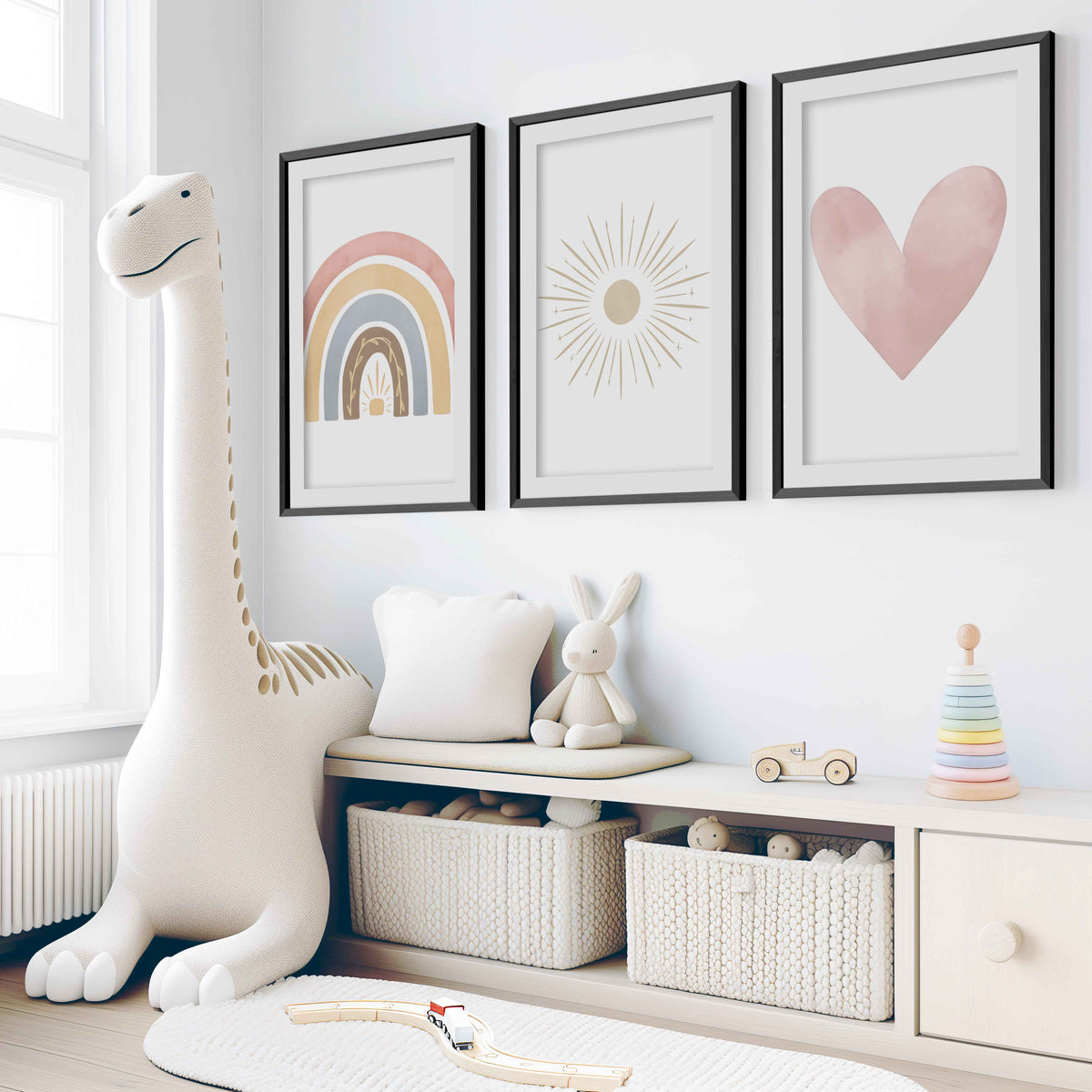 Neutral Nursery Wall Decor – Rainbow, Sun & Heart Print Set (3)