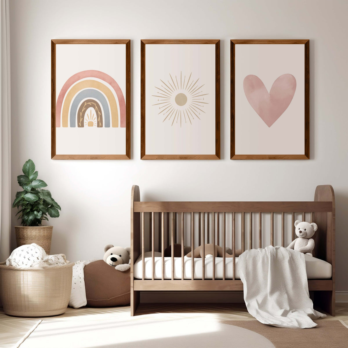 Neutral Nursery Wall Decor – Rainbow, Sun & Heart Print Set (3)