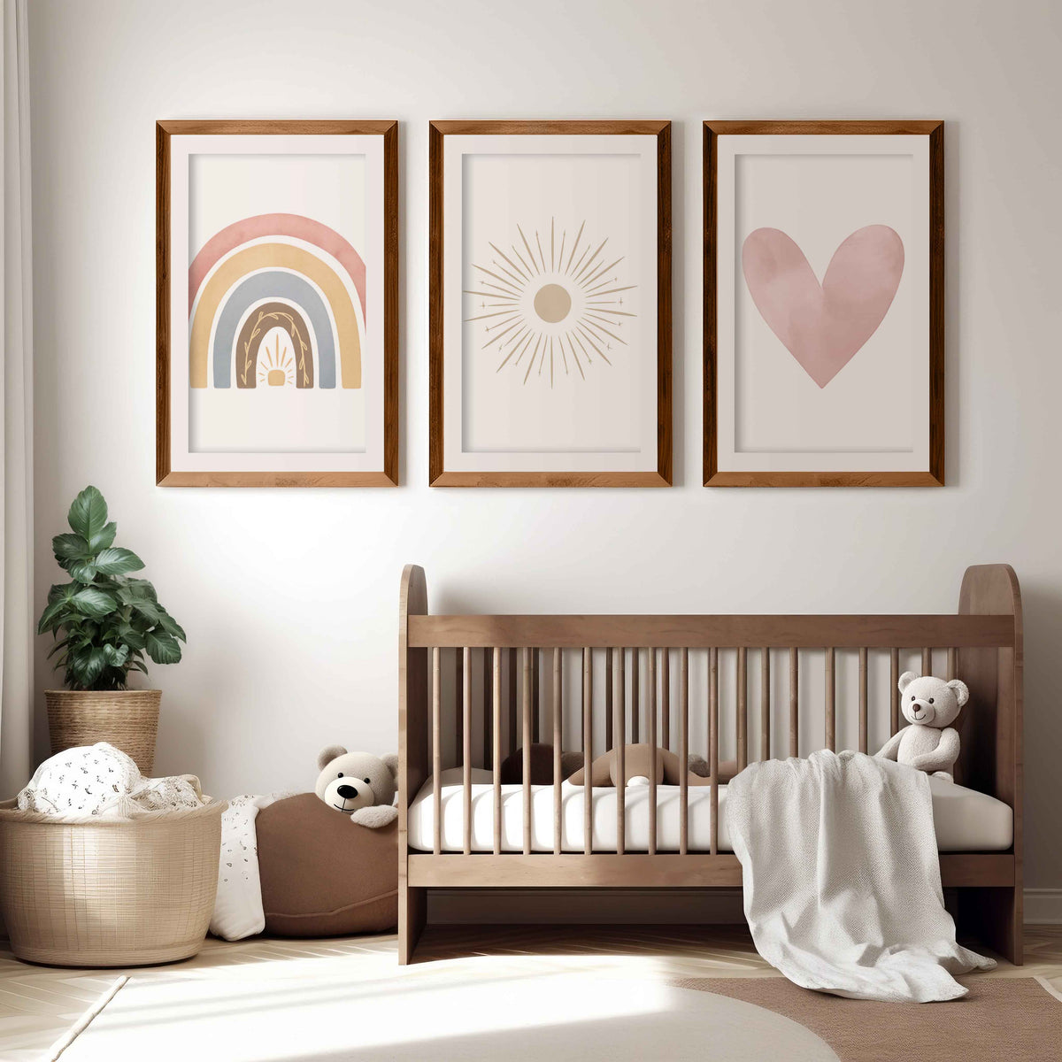 Neutral Nursery Wall Decor – Rainbow, Sun & Heart Print Set (3)