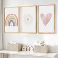 Neutral Nursery Wall Decor – Rainbow, Sun & Heart Print Set (3)