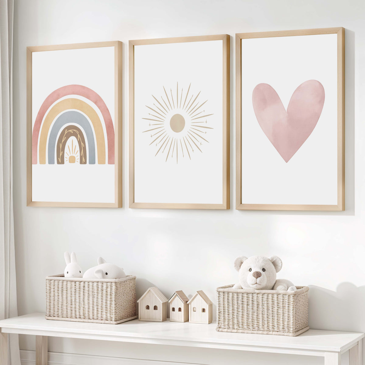 Neutral Nursery Wall Decor – Rainbow, Sun & Heart Print Set (3)
