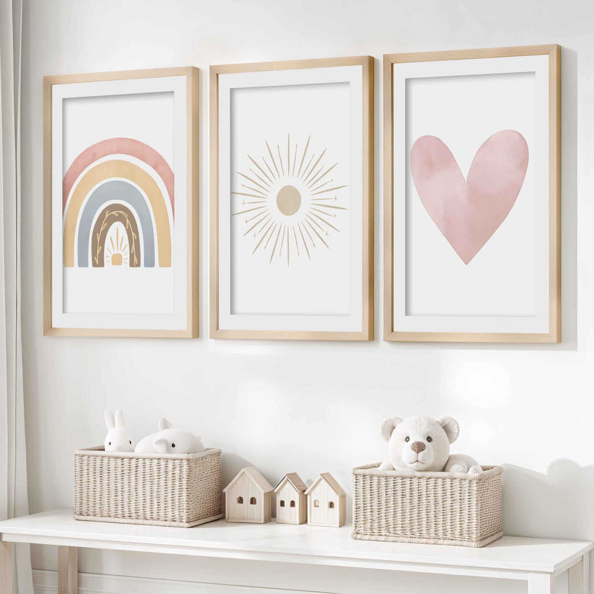 Neutral Nursery Wall Decor – Rainbow, Sun & Heart Print Set (3)