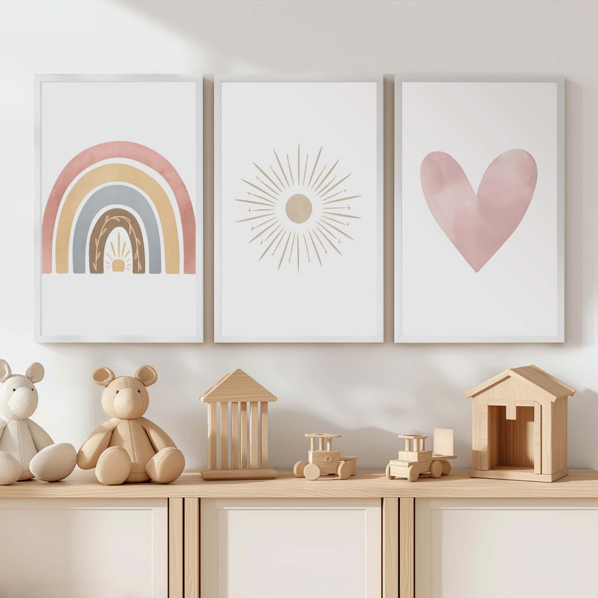 Neutral Nursery Wall Decor – Rainbow, Sun & Heart Print Set (3)