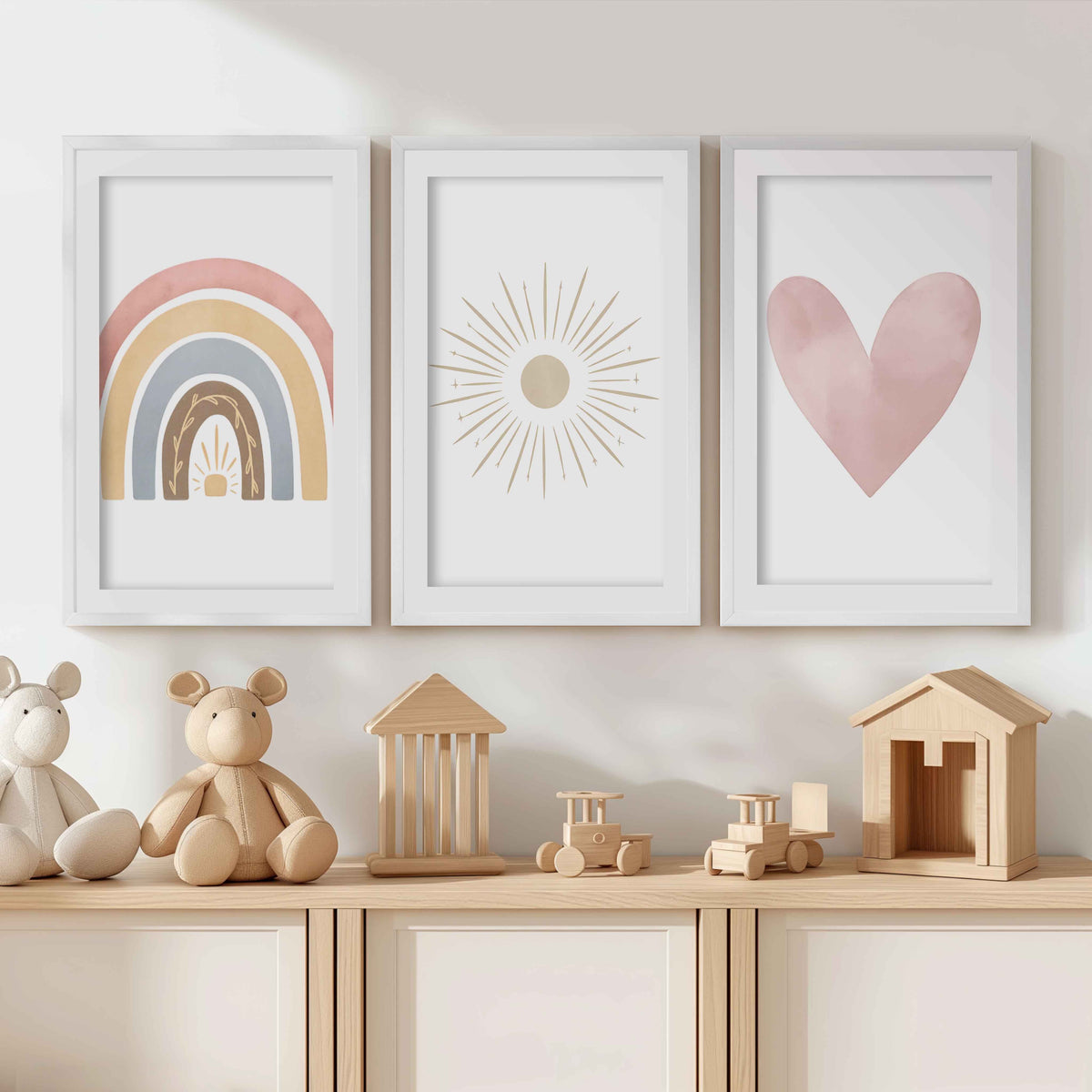Neutral Nursery Wall Decor – Rainbow, Sun & Heart Print Set (3)