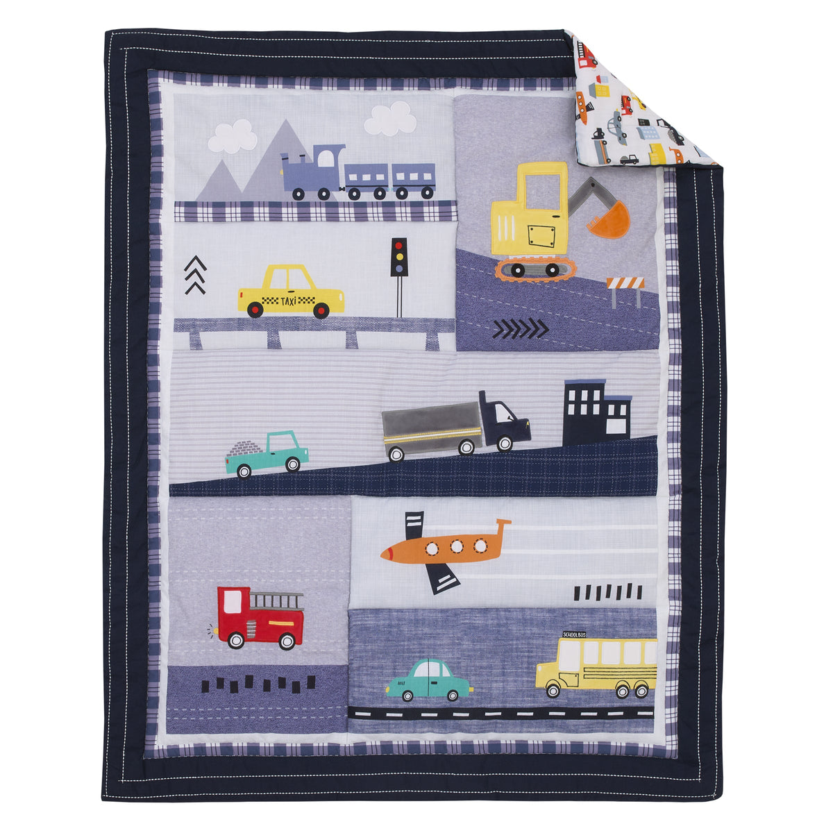 Transportation Trails Navy, Red, and Yellow Busy Cars, Trucks, Fire Engines 4 Piece Nursery Crib Bedding Set - Comforter, 100% Cotton Fitted Crib Sheet, Crib Skirt, and Nursery Organizer