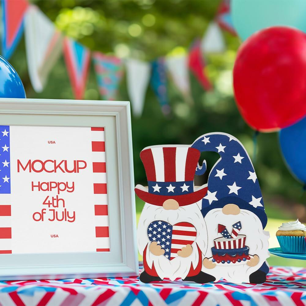DECSPAS 4th of July Double Sided Wooden Tiered Tray Red White Blue Decor