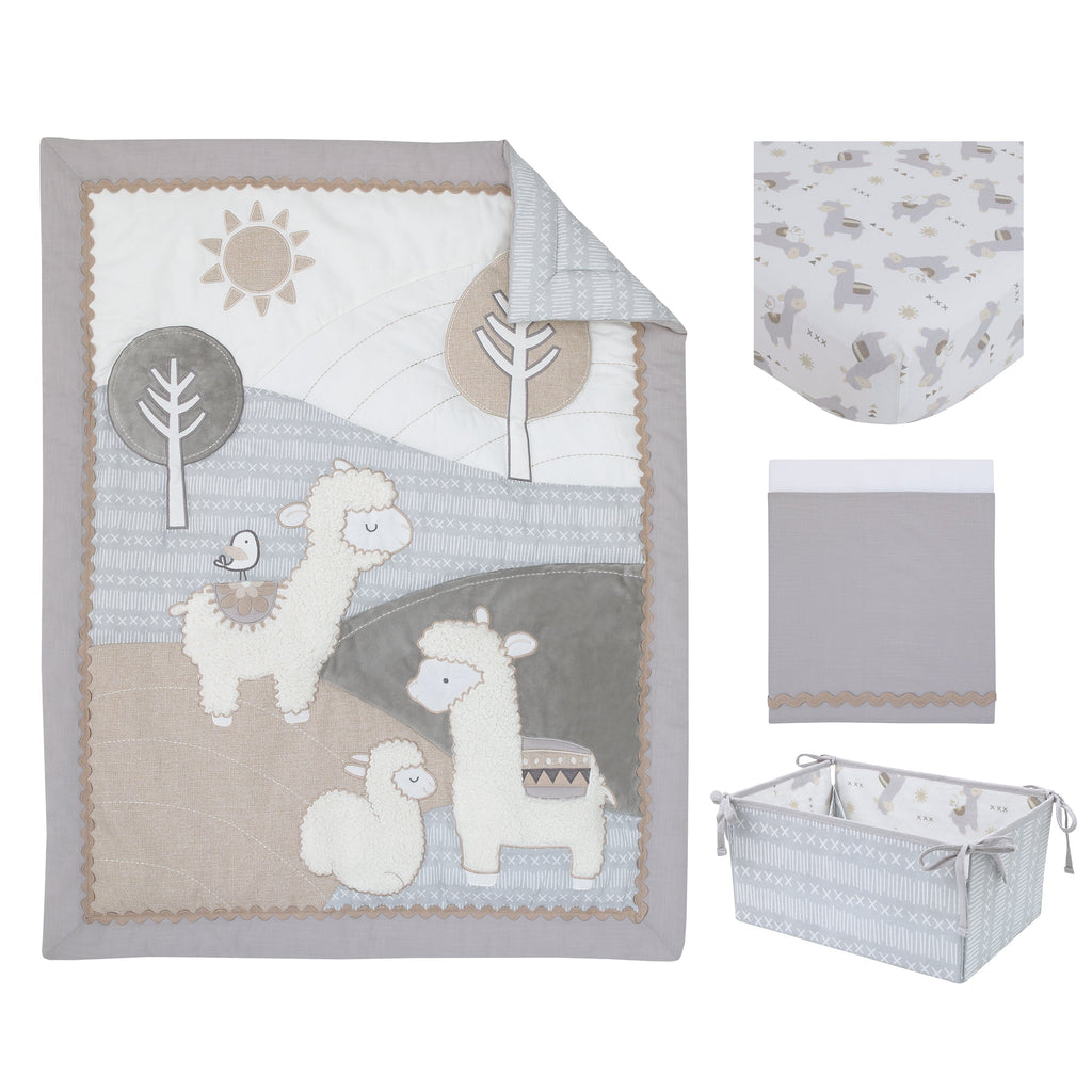 Mama's Little Llama Grey, White and Charcoal 4 Piece Nursery Crib Bedding Set - Comforter, Crib Sheet, Dust Ruffle and Nursery Organizer