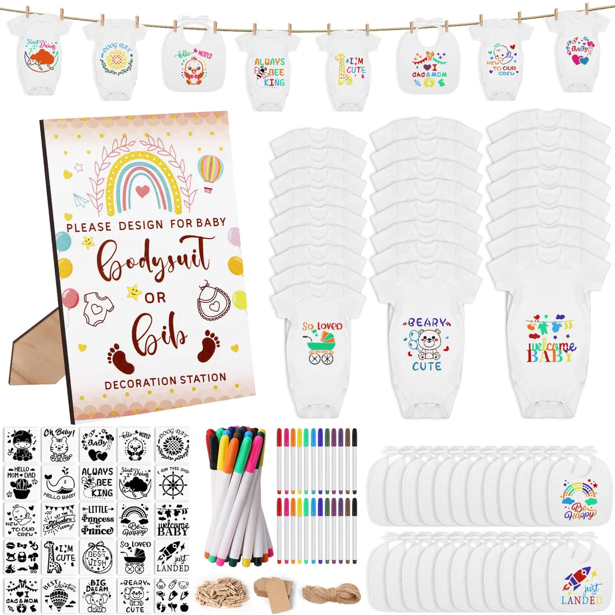 Pydeeirom 201 Pcs Baby Shower Set | Baby Shower Game Sign | Baby Bib & Bodysuit | White Baby Bib | Newborn Bodysuit | Baby Shower | White Onesie Decorating Kit (Rainbow) - # BAAA21110033
