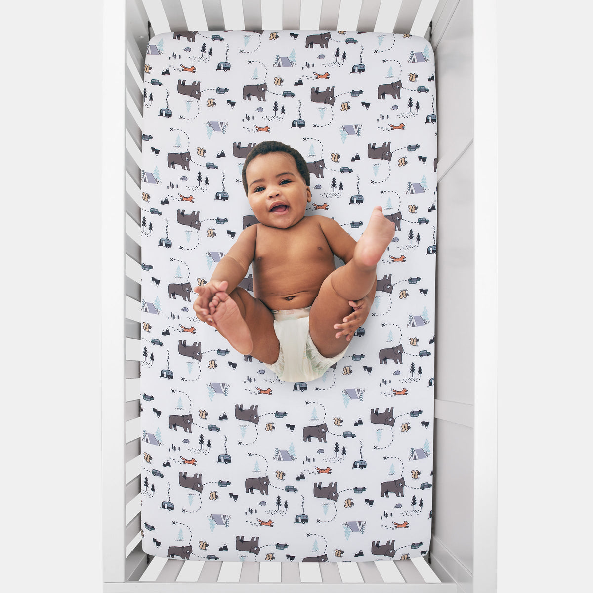 Woodland Friends White and Multi Colored Bear, Fox, Squirrel, Tree, and Camper Fitted Crib Sheet