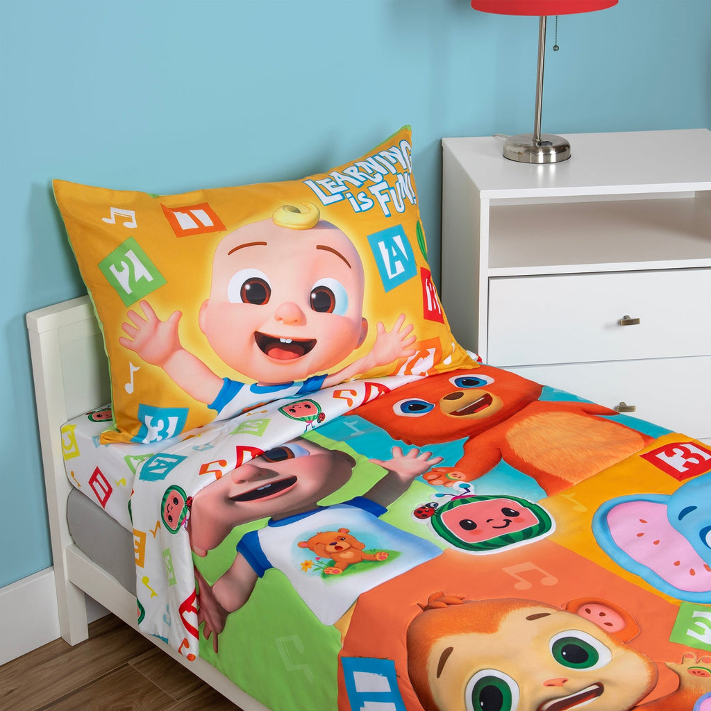 CoComelon Learning Is Fun 4 Piece Toddler Bed Set - Includes Comforter, Fitted Bottom Sheet, Flat Top Sheet, Reversible Pillowcase