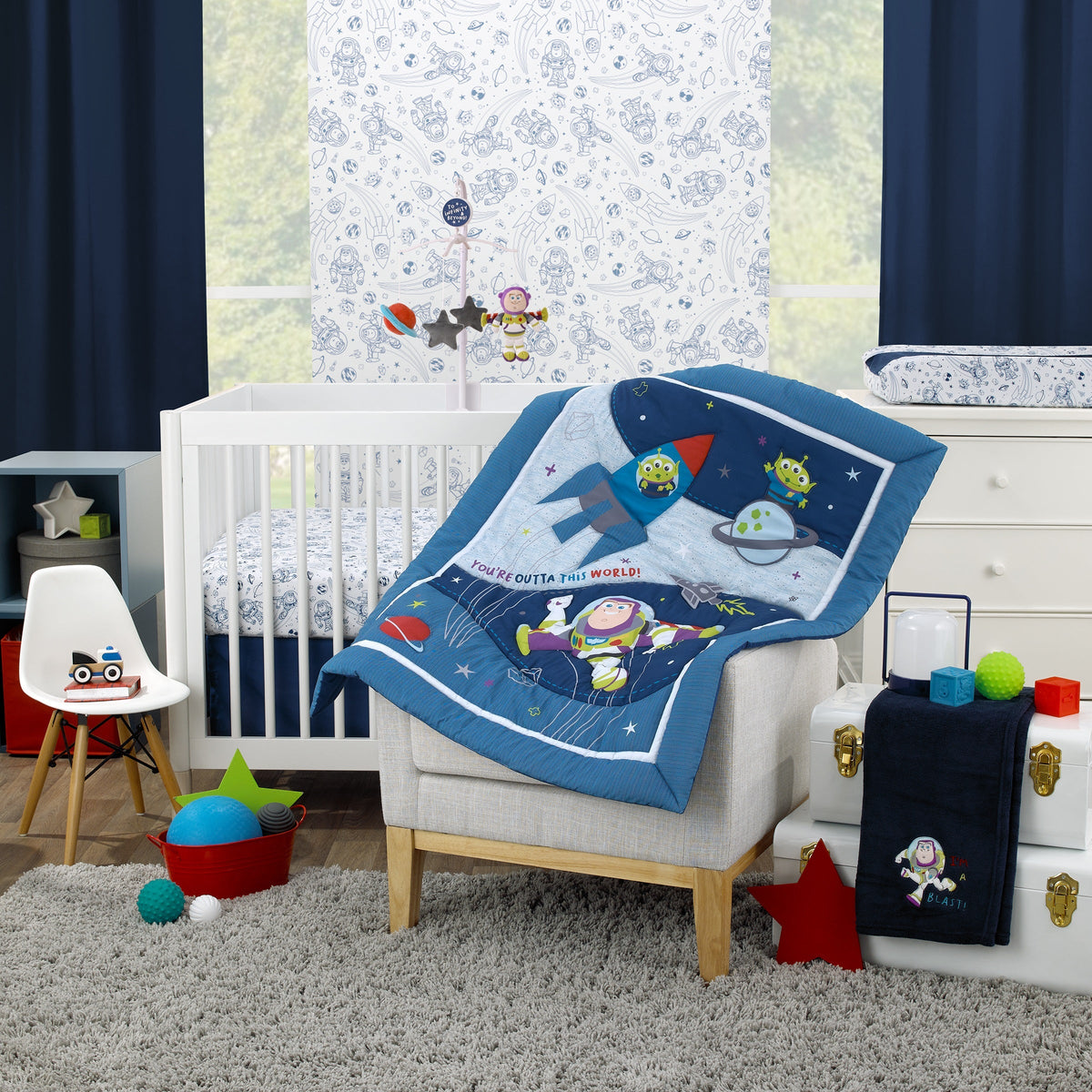 Toy Story Outta This World Blue and Gray 3 Piece Nursery Crib Bedding Set - Comforter,  Fitted Crib Sheet, and Crib Skirt