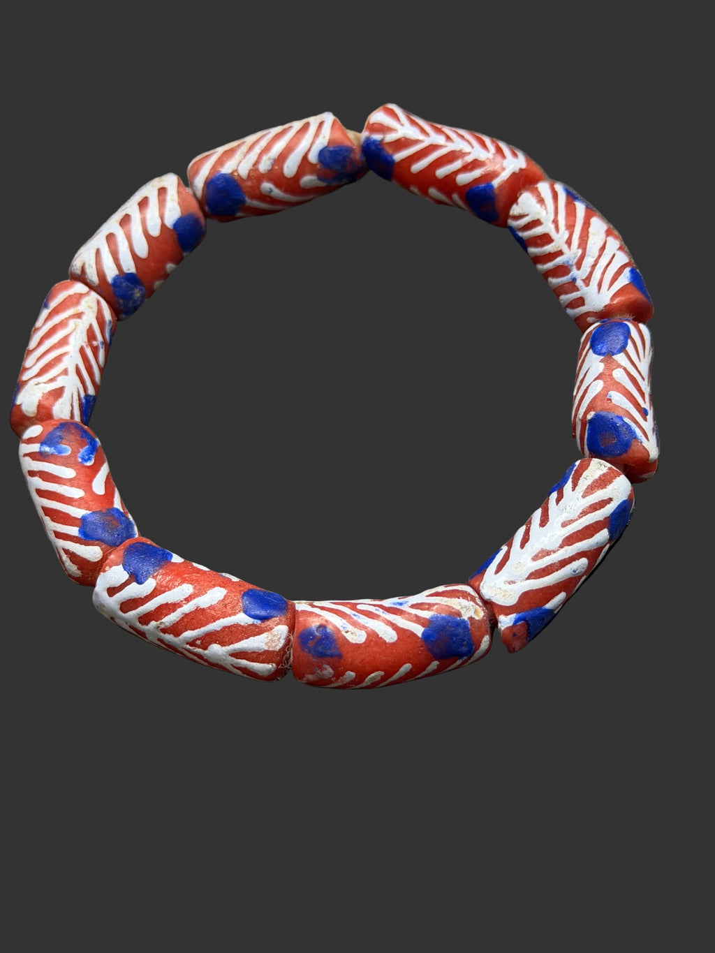 Painted Krobo Glass Beads | Red White & Blue Long Tube Beads | Handcrafted Ghana Recycled Glass Beads