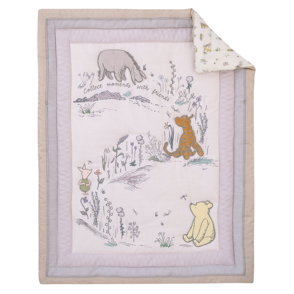 Classic Pooh Naturally Friends Ivory and Taupe Piglet, Eeyore, and Tigger 3 Piece Nursery Crib Bedding Set - Comforter, 100% Cotton Fitted Crib Sheet, and Crib Skirt