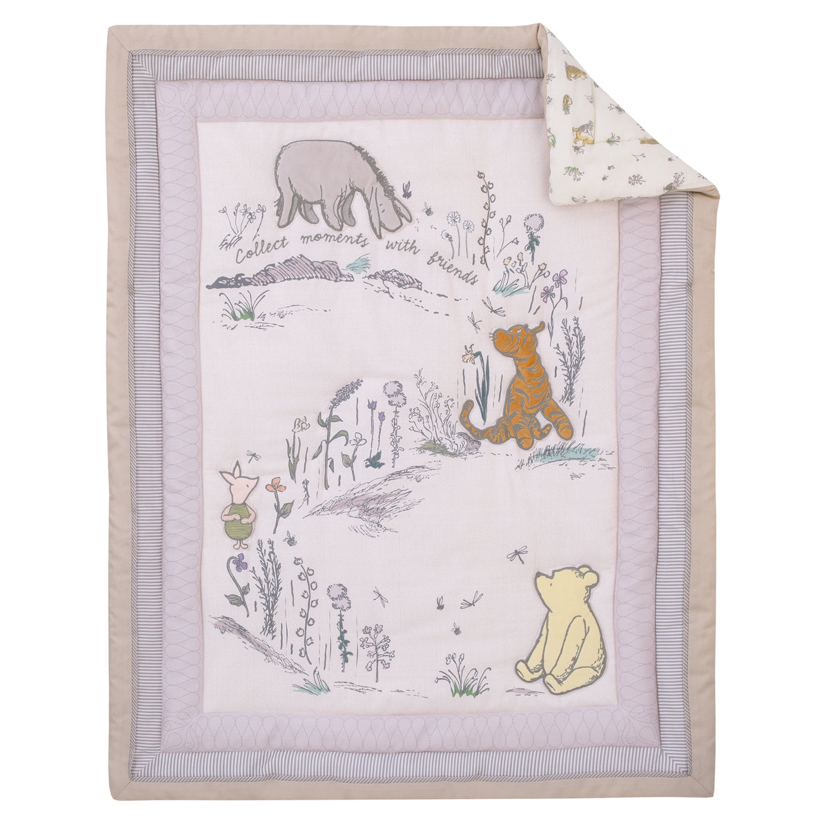 Classic Pooh Naturally Friends Ivory and Taupe Piglet, Eeyore, and Tigger 3 Piece Nursery Crib Bedding Set - Comforter, 100% Cotton Fitted Crib Sheet, and Crib Skirt