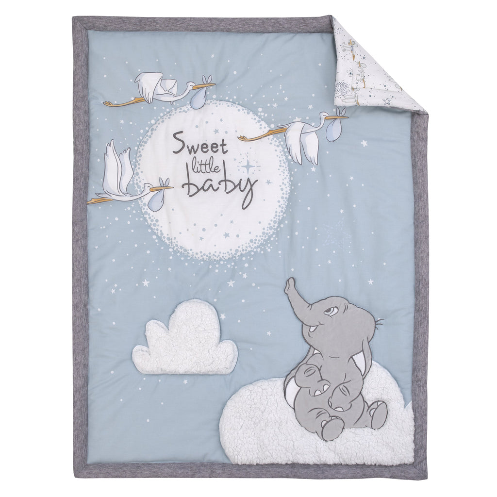 Dumbo Sweet Little Baby Light Blue, Gray, and White Storks, Stars, Clouds and Moon 3 Piece Nursery Crib Bedding Set - Comforter, 100% Cotton Fitted Crib Sheet and Crib Skirt