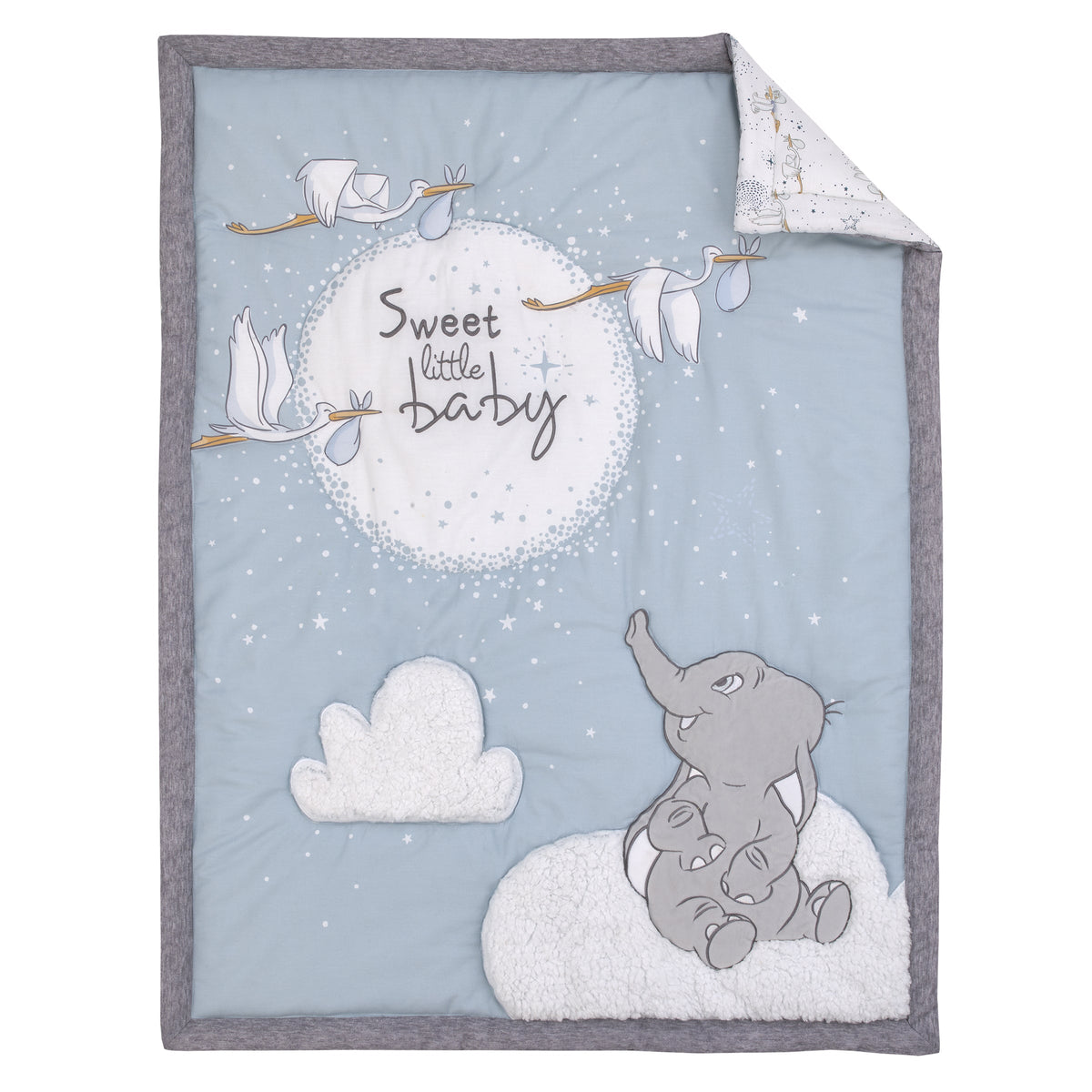 Dumbo Sweet Little Baby Light Blue, Gray, and White Storks, Stars, Clouds and Moon 3 Piece Nursery Crib Bedding Set - Comforter, 100% Cotton Fitted Crib Sheet and Crib Skirt