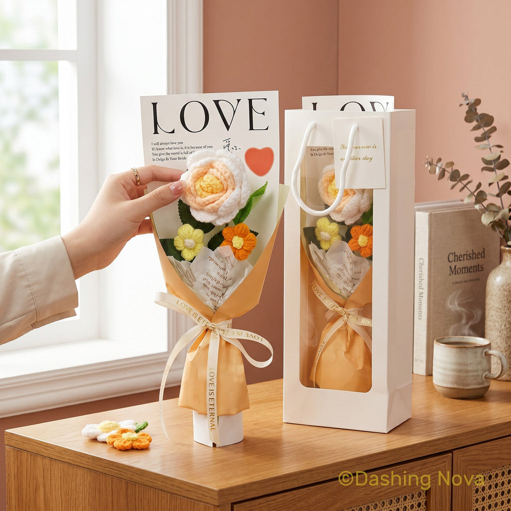 Rose Crochet Bouquet with Gift Bag for Valentines Day Mothers Day