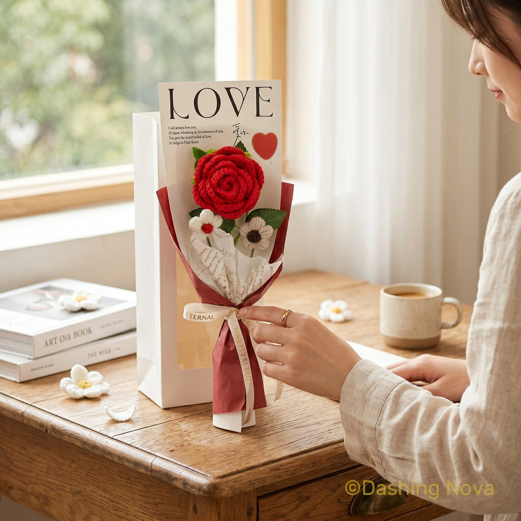 Rose Crochet Bouquet with Gift Bag for Valentines Day Mothers Day