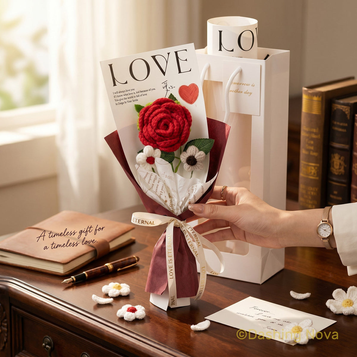 Rose Crochet Bouquet with Gift Bag for Valentines Day Mothers Day