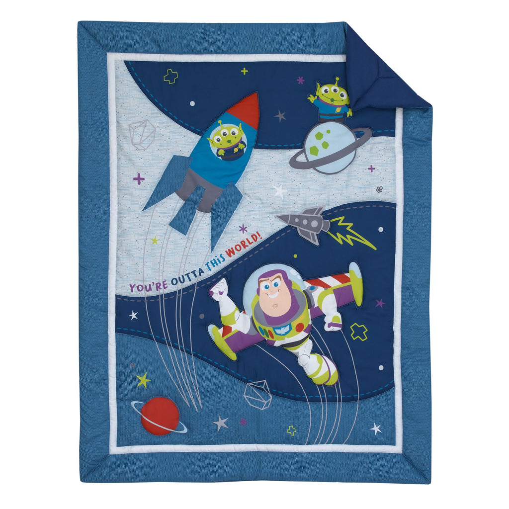 Toy Story Outta This World Blue and Gray 3 Piece Nursery Crib Bedding Set - Comforter,  Fitted Crib Sheet, and Crib Skirt