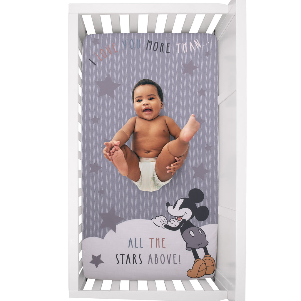 Mickey Mouse Love Mickey Gray, White, and Tan I Love You More Than All The Stars Above Photo Op 100% Cotton Fitted Crib Sheet