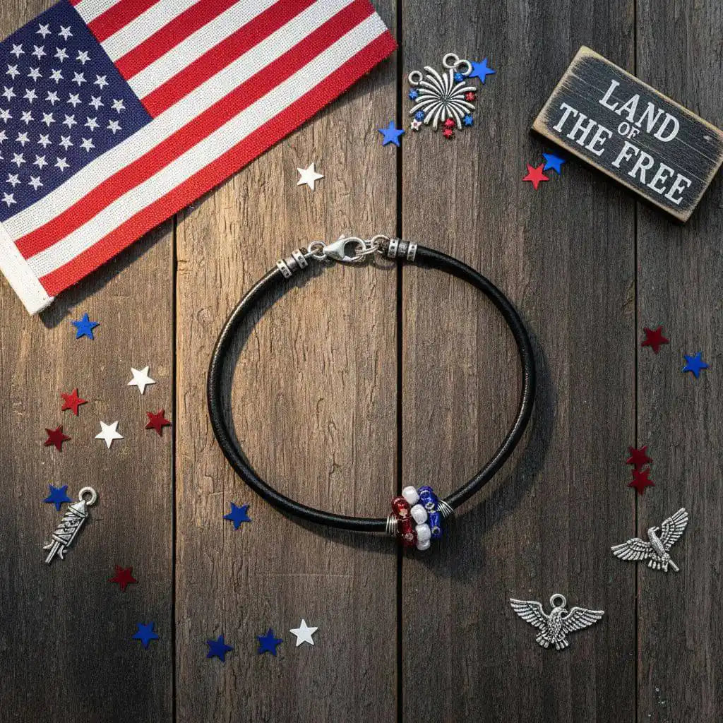 Patriotic Red White Blue Beaded Bead Leather Bracelet