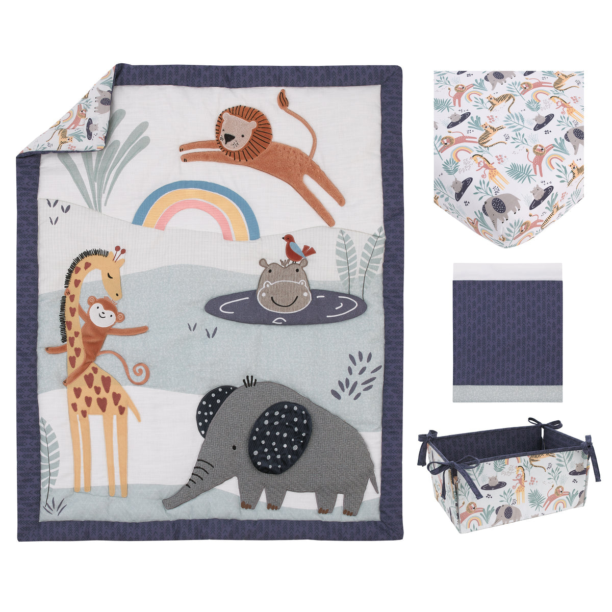Wild Pals Navy, Gray, and Tan Safari Animals 4 Piece Nursery Crib Bedding Set - Comforter, 100% Cotton Fitted Crib Sheet, Crib Skirt and Nursery Organizer
