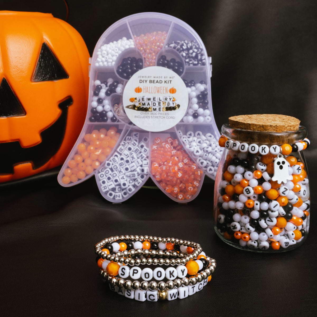 SPOOKY Halloween White Letter Bead and Ghost Charm DIY Bead Jar