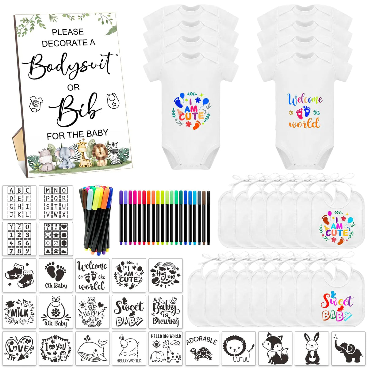 SytuHete 69 Pcs Baby Bib | Bodysuit Baby Shower Set | Baby Shower Game Sign | Baby Feeder Bib | Newborn Bodysuit Fabric Marker - # BAAA21110034
