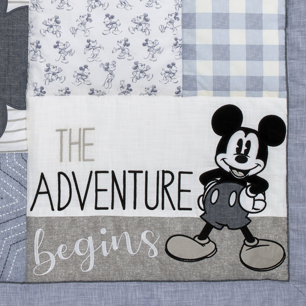 Mickey Mouse - Call Me Mickey Blue, White, and Gray The Adventure Begins Stars and Gingham 3 Piece Nursery Crib Bedding Set - Comforter, 100% Cotton Fitted Crib Sheet, and Crib Skirt