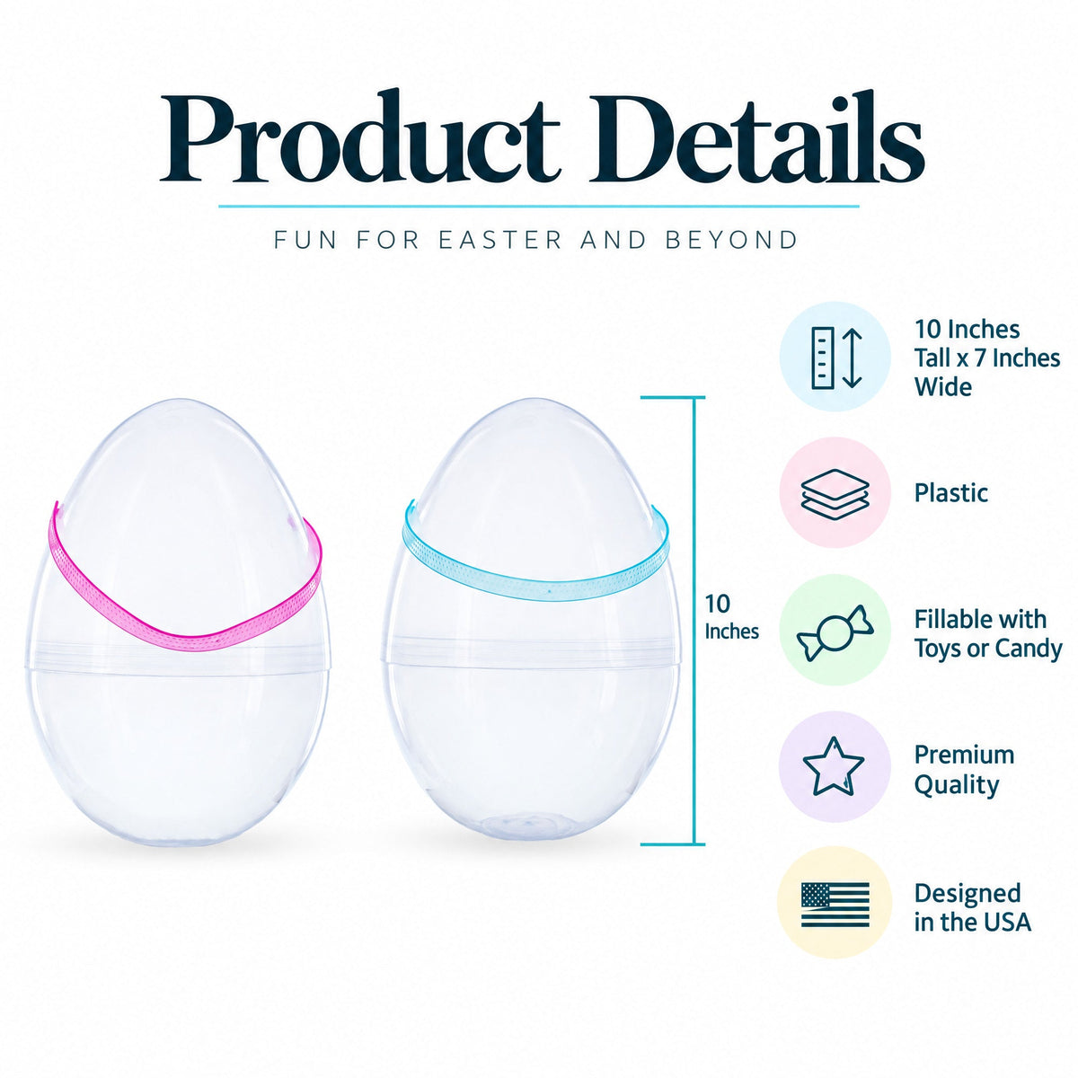 Set of 2 Transparent Jumbo Plastic Easter Eggs with Handles Large Size 10 Inches