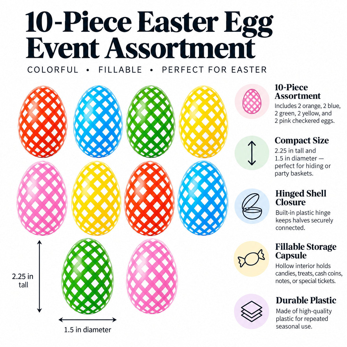 Set of 10 Gingham Checkered Plastic Easter Eggs - Fillable Hunt Decor 2.25 Inches