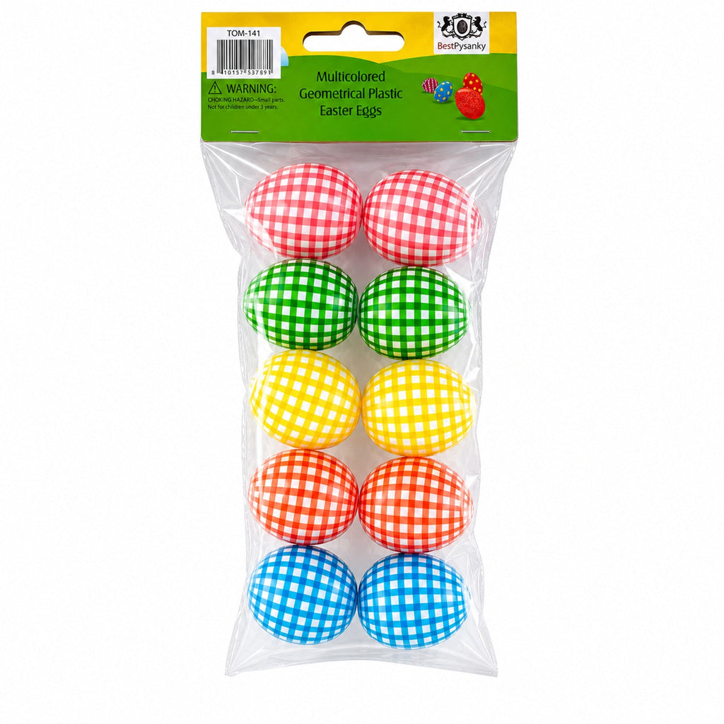 Set of 10 Gingham Checkered Plastic Easter Eggs - Fillable Hunt Decor 2.25 Inches