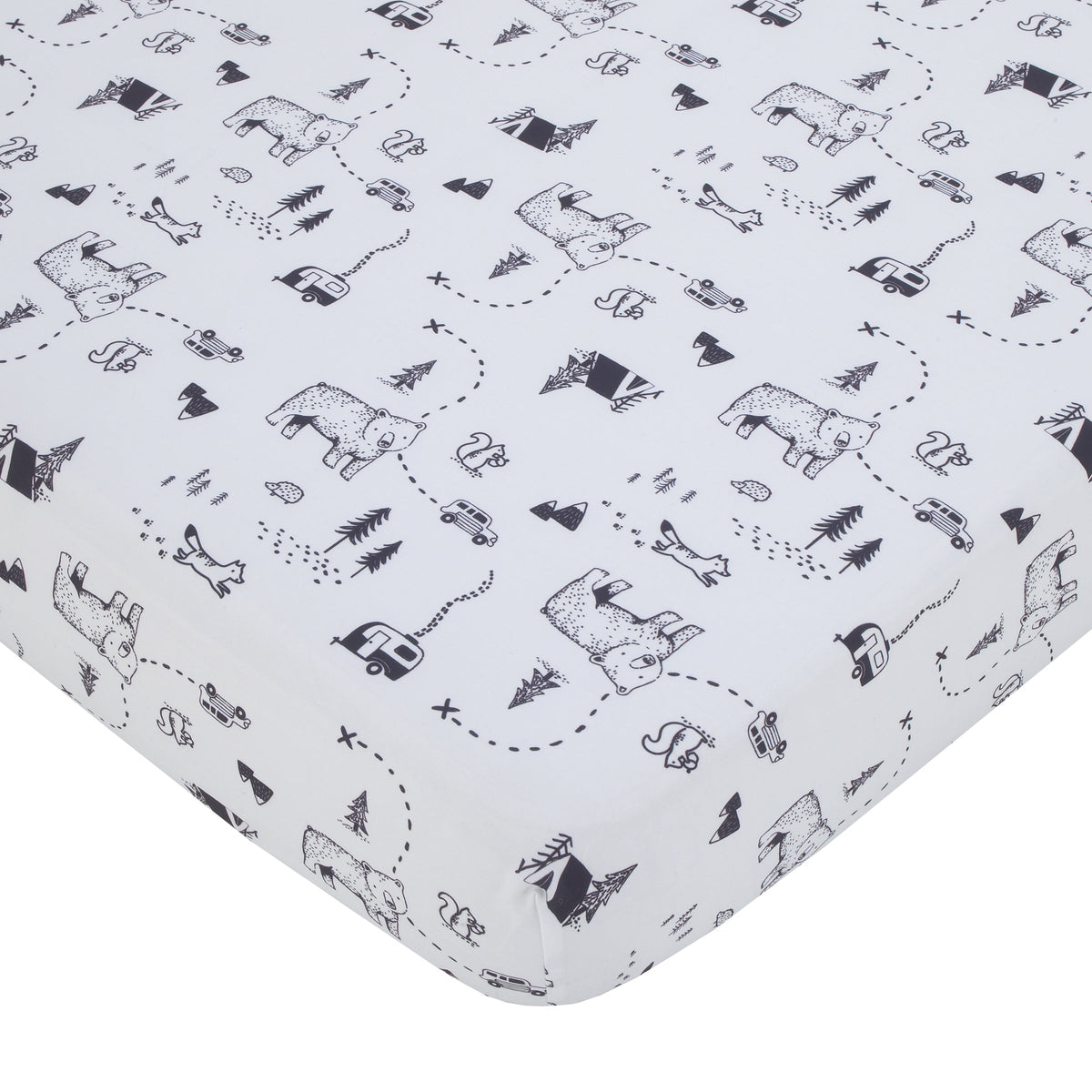 Woodland Friends Gray Multi Colored Bear and Fox, Squirrel, Tree, Tent, and Campfire 3 Piece Nursery Crib Bedding Set - Comforter, Fitted Crib Sheet, and Crib Skirt
