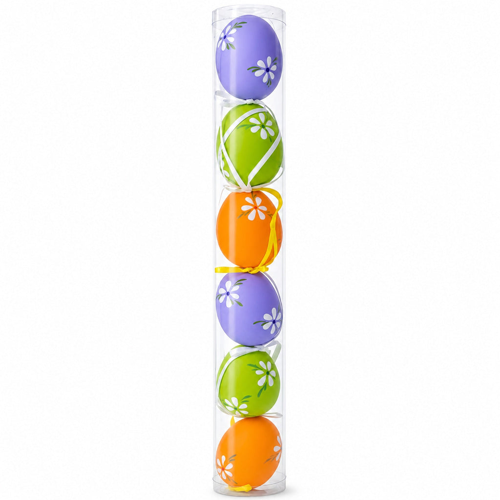 Set of 6 Green, Purple, Orange Flowers Plastic Easter Egg Ornaments 2.25 Inches
