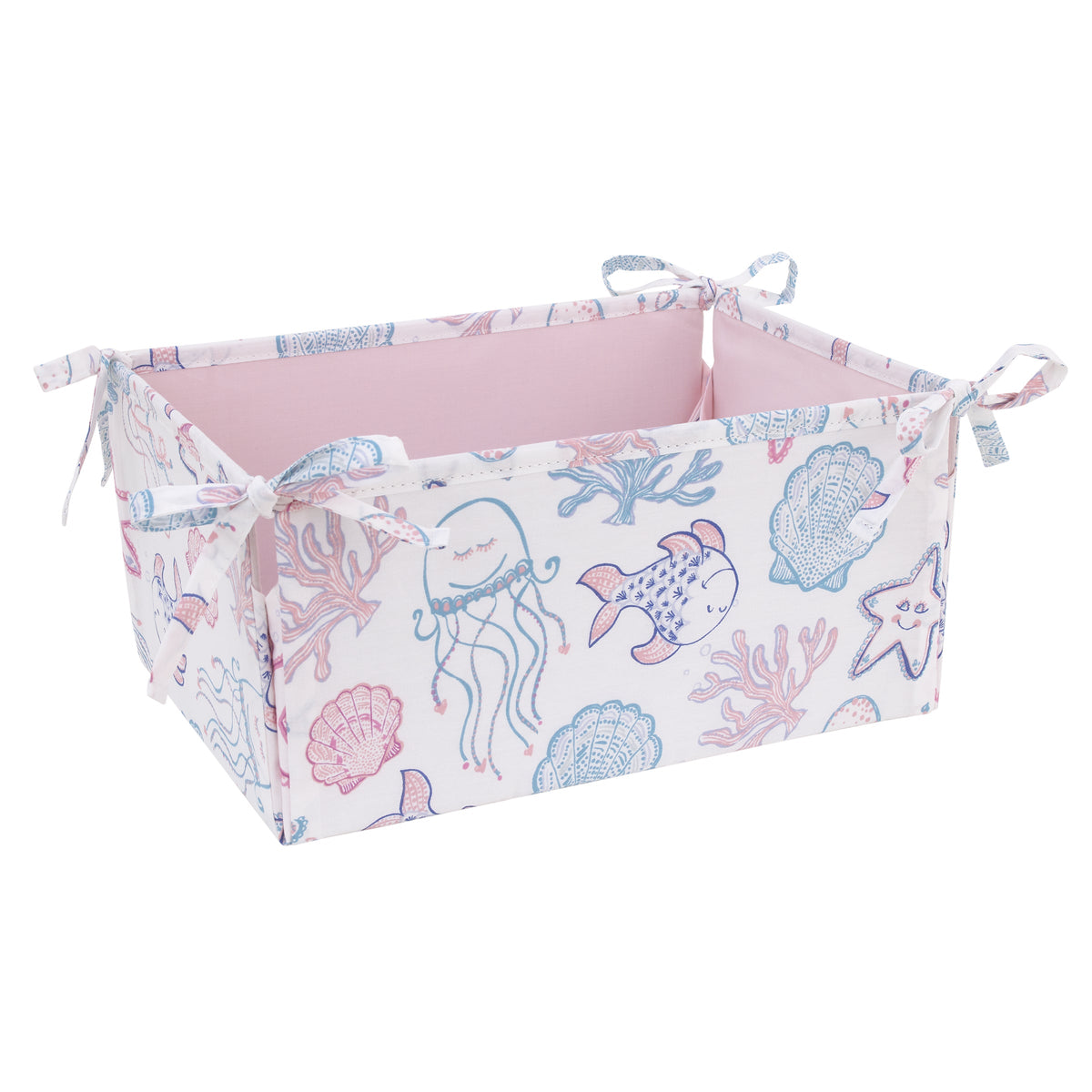 Mermaid Lagoon Pink, Blue and White Undersea Friends, Fish, Coral, Jellyfish and Starfish 4 Piece Nursery Crib Bedding Set - Comforter, 100% Cotton Fitted Crib Sheet, Crib Skirt, and Storage Caddy